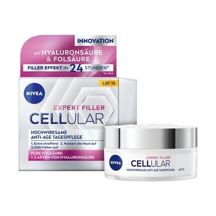 Cellular Expert Filler Высокоэффективный антивозрастной дневной уход 50 мл Гиалуроновый крем с эффектом увеличения объема Spf 15, Nivea
Cellular Expert Filler Высокоэффективный антивозрастной дневной уход 50 мл Гиалуроновый крем с эффектом увеличения объема Spf 15, Nivea