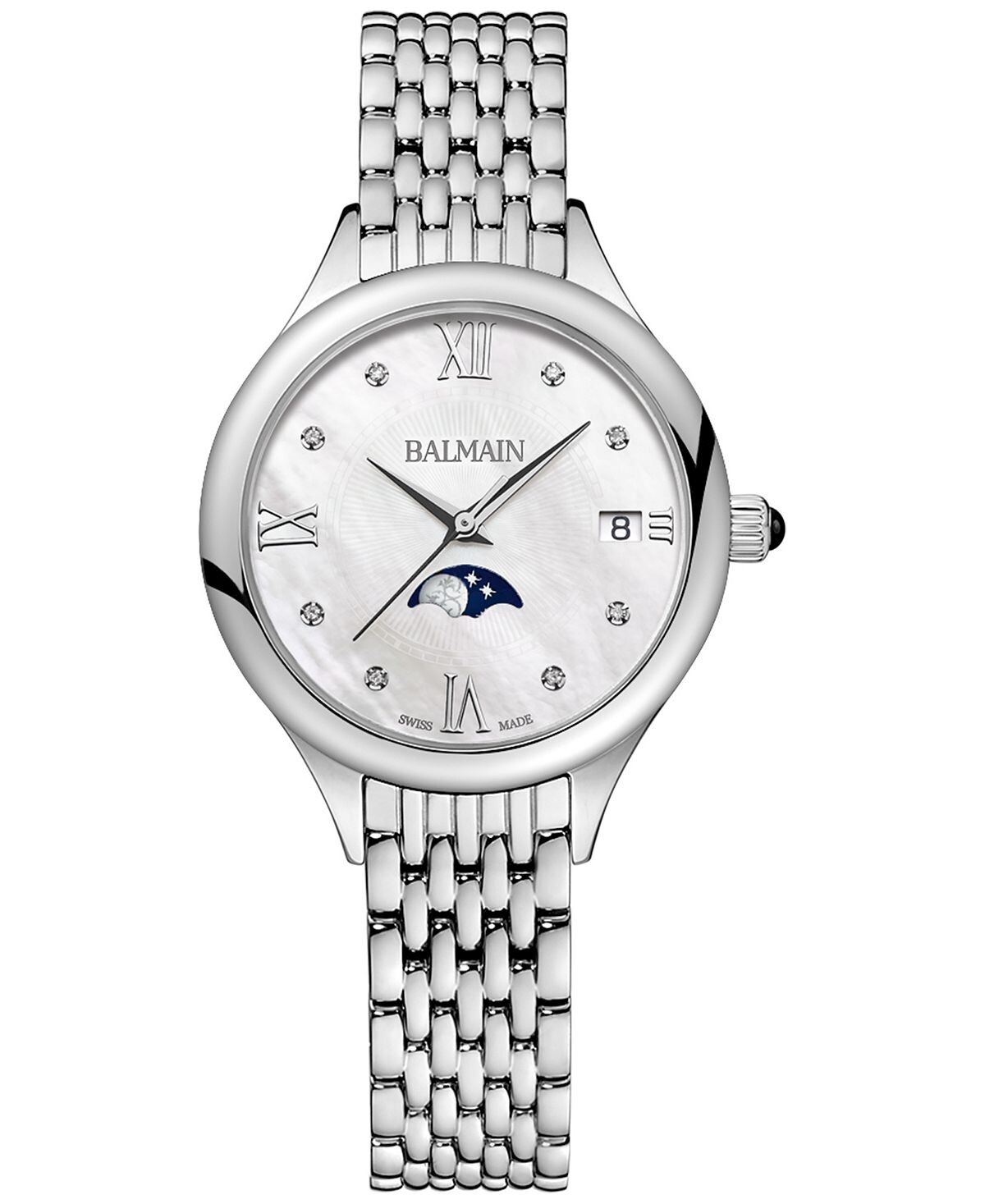 Женские швейцарские часы Balmain de Balmain Moonphase с бриллиантовым акцентом и браслетом из нержавеющей стали, 31 мм, серебро
Женские швейцарские часы Balmain de Balmain Moonphase с бриллиантовым акцентом и браслетом из нержавеющей стали, 31 мм, серебро