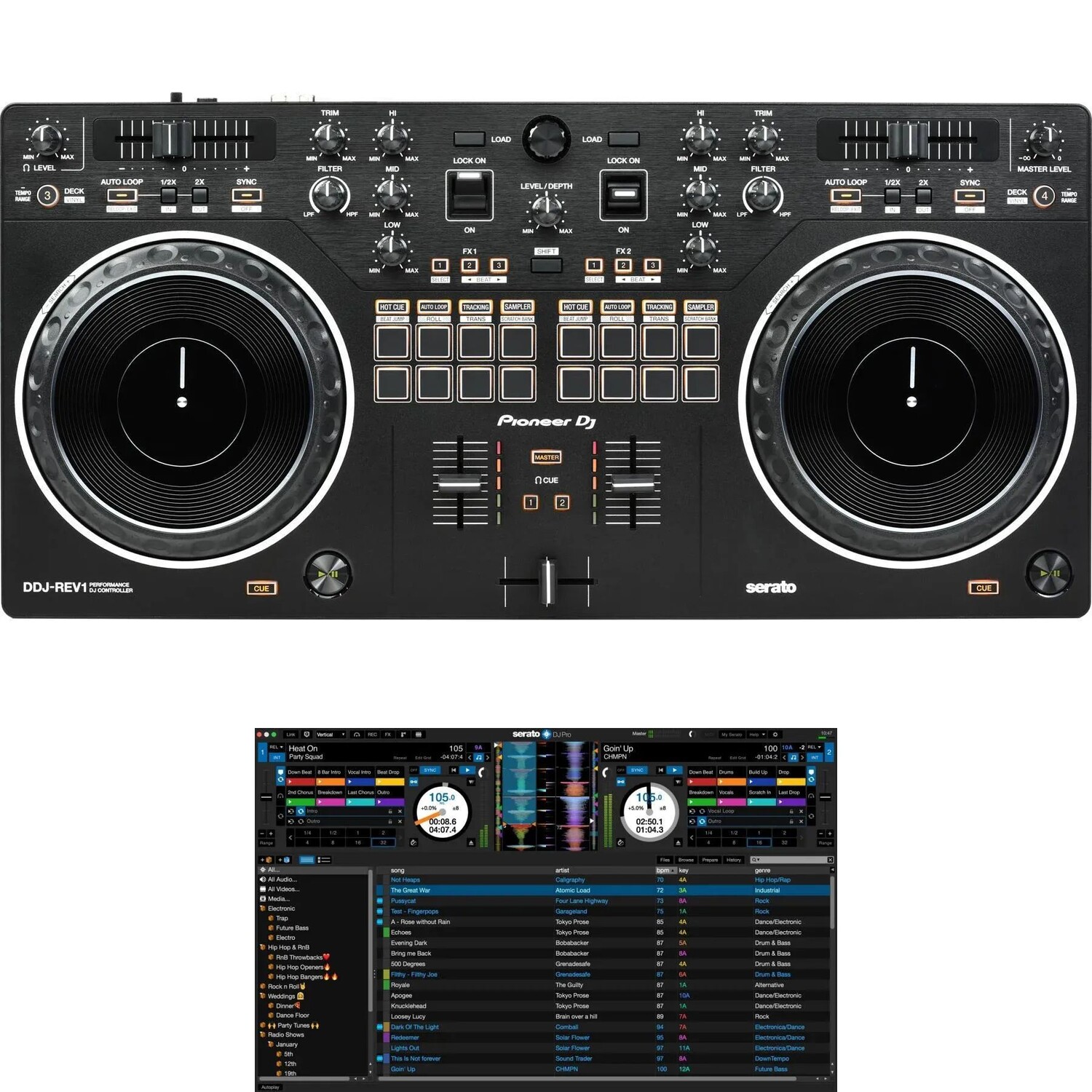 Двухдековый DJ-контроллер Pioneer DJ DDJ-REV1 и комплект программного обеспечения Serato DJ Pro
Двухдековый DJ-контроллер Pioneer DJ DDJ-REV1 и комплект программного обеспечения Serato DJ Pro
