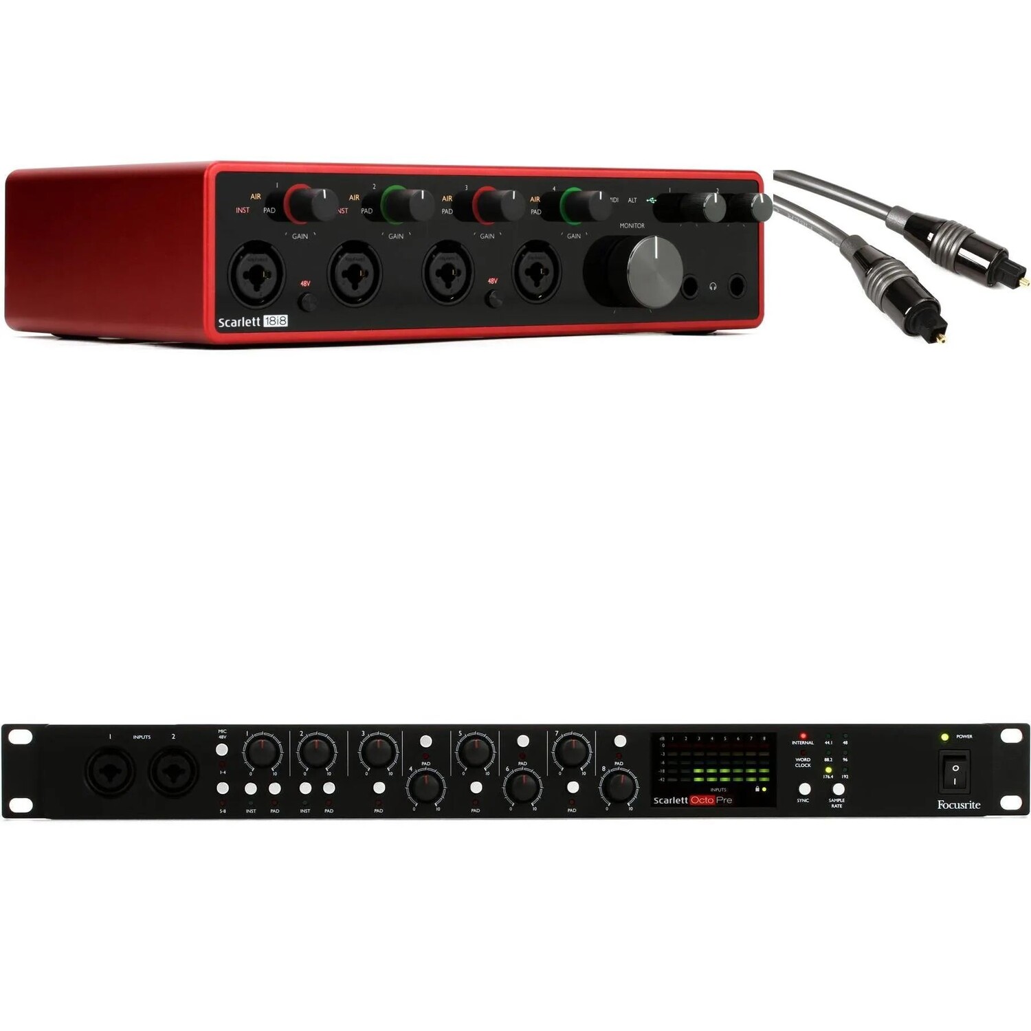 Focusrite Scarlett 18i8 USB-аудиоинтерфейс 3-го поколения и комплект расширения предусилителя
Focusrite Scarlett 18i8 USB-аудиоинтерфейс 3-го поколения и комплект расширения предусилителя