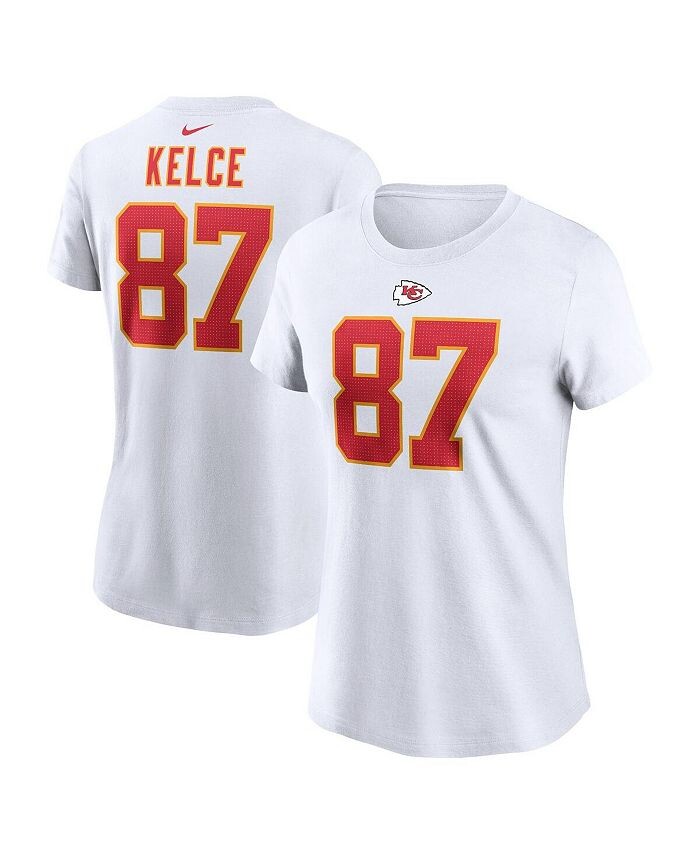 Женская белая футболка с именем и номером игрока команды Kansas City Chiefs Travis Kelce Nike, белый
Женская белая футболка с именем и номером игрока команды Kansas City Chiefs Travis Kelce Nike, белый