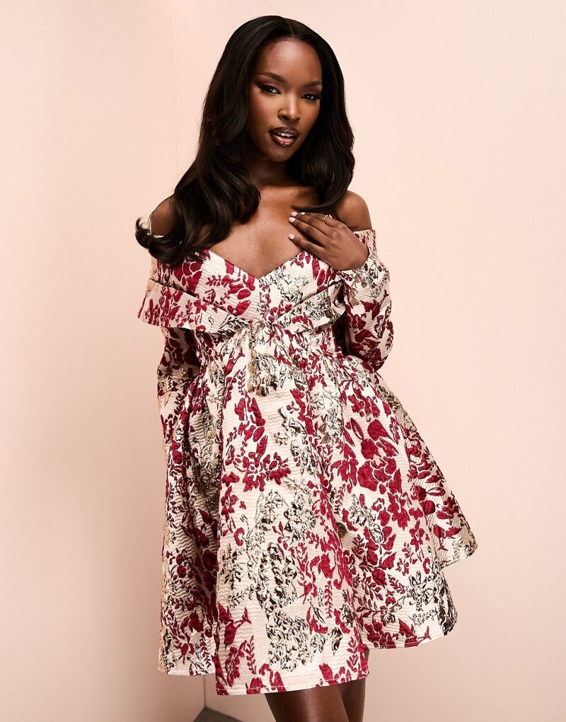 Жаккардовое мини-платье с открытыми плечами ASOS LUXE бордово-золотого цветочного принта
Жаккардовое мини-платье с открытыми плечами ASOS LUXE бордово-золотого цветочного принта