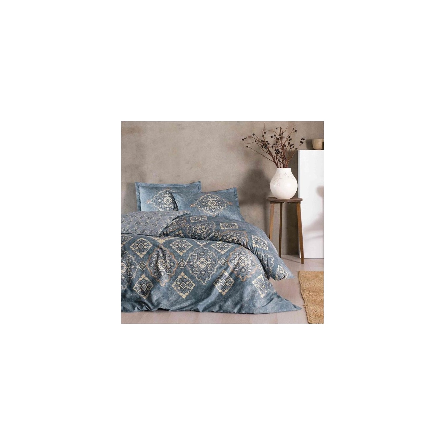 

Комплект постельного белья из хлопка и атласа Tac Marilla, темно-синий, двойной
