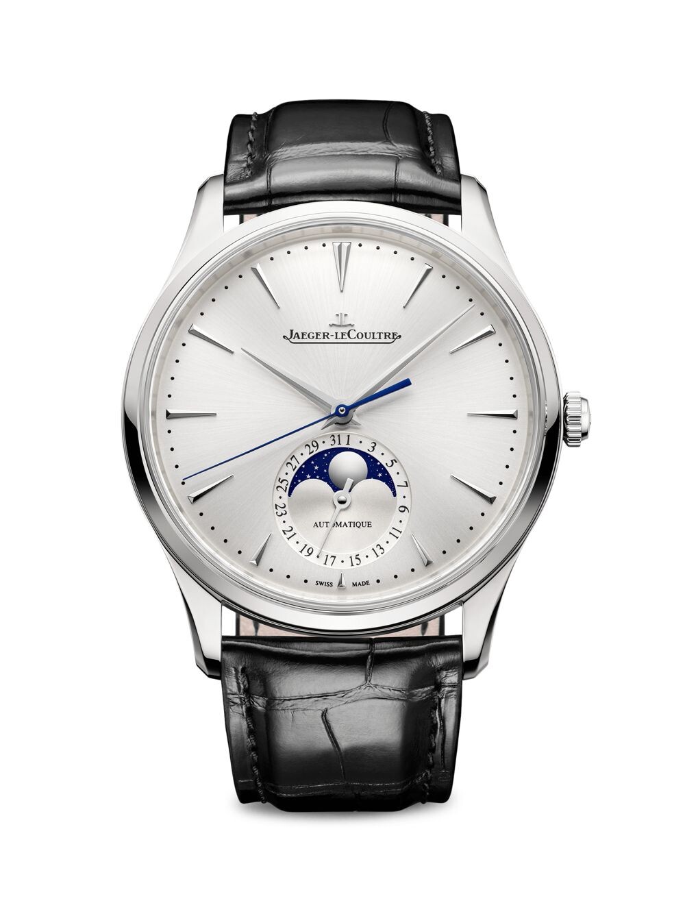 Ультратонкие часы Master из нержавеющей стали и кожи с фазой Луны Jaeger-LeCoultre, черный
Ультратонкие часы Master из нержавеющей стали и кожи с фазой Луны Jaeger-LeCoultre, черный