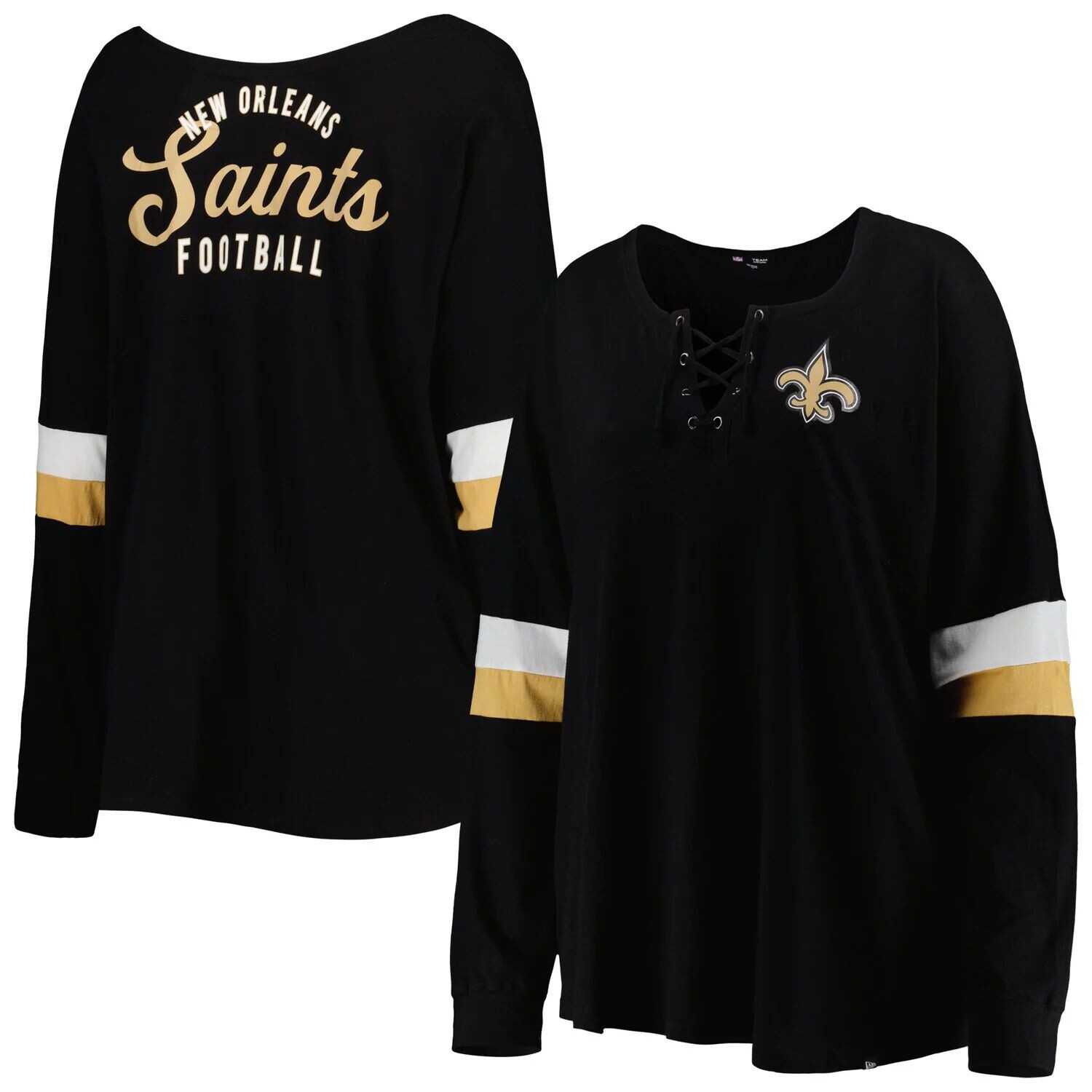 Женская черная футболка New Era New Orleans Saints размера плюс, спортивная университетская футболка на шнуровке с v-образным вырезом и длинными рукавами New Era, Черный
Женская черная футболка New Era New Orleans Saints размера плюс, спортивная университетская футболка на шнуровке с v-образным вырезом и длинными рукавами New Era, Черный