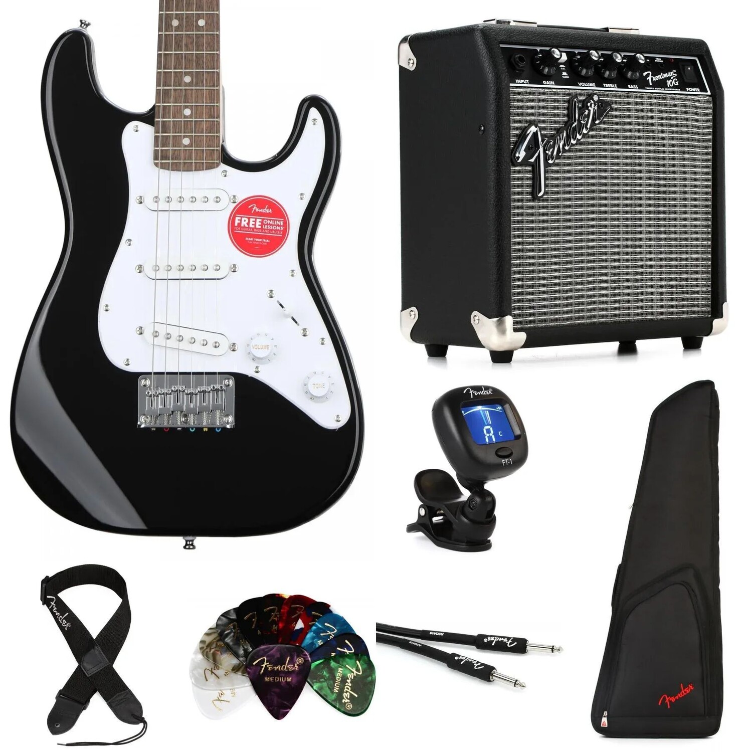 Комплект электрогитары Squier Mini Strat и Fender Frontman, 10 амперов Essentials — черный
Комплект электрогитары Squier Mini Strat и Fender Frontman, 10 амперов Essentials — черный