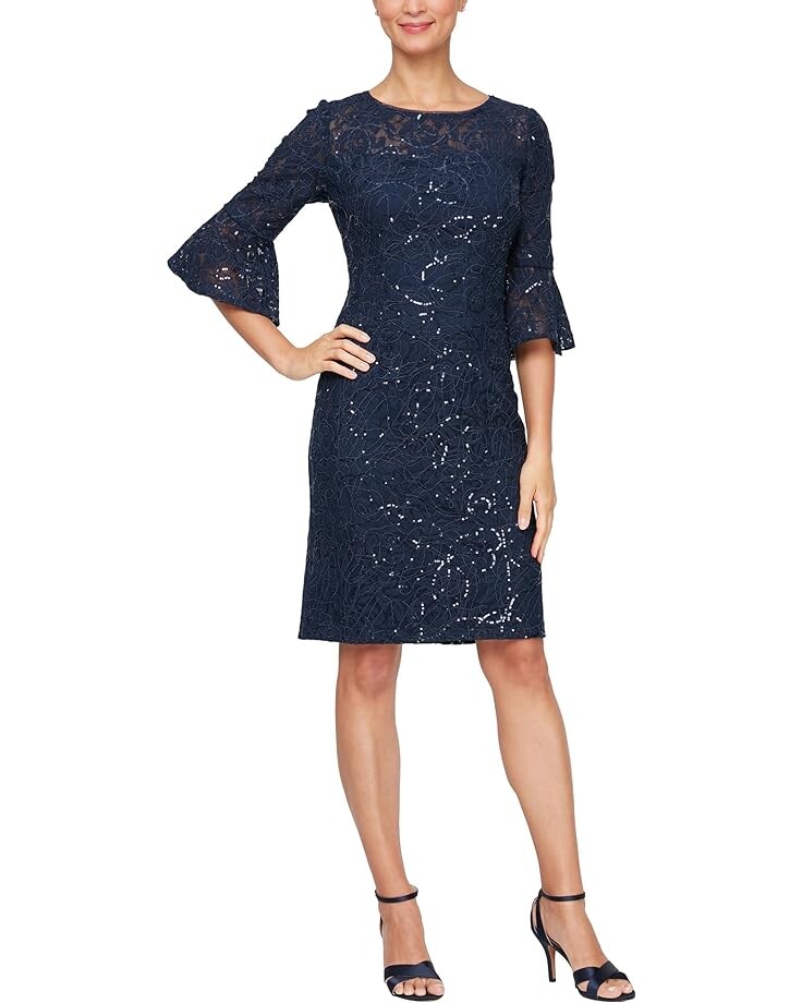 Платье Alex Evenings Short Corded Lace Sheath with Illusion Neckline and Bell Sleeves, темно-синий
Платье Alex Evenings Short Corded Lace Sheath with Illusion Neckline and Bell Sleeves, темно-синий