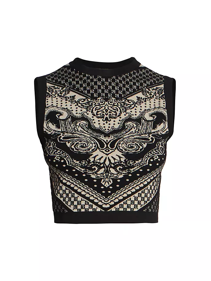 Укороченный топ без рукавов с узором пейсли и монограммой Balmain, цвет ivory black
Укороченный топ без рукавов с узором пейсли и монограммой Balmain, цвет ivory black