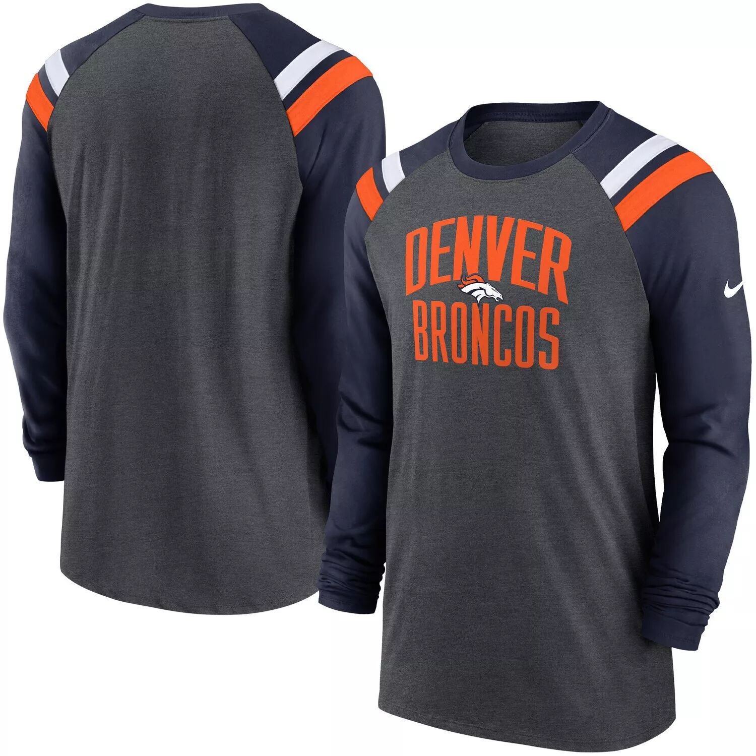 Мужская модная спортивная футболка с длинными рукавами и принтом реглан Denver Broncos Tri-Blend, темно-серая/темно-синяя Nike
Мужская модная спортивная футболка с длинными рукавами и принтом реглан Denver Broncos Tri-Blend, темно-серая/темно-синяя Nike