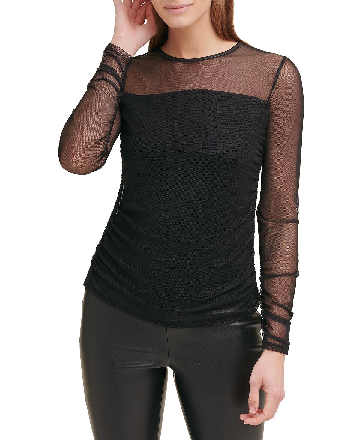 Женский однотонный сетчатый топ с прозрачными рукавами и круглым вырезом DKNY, черный
Женский однотонный сетчатый топ с прозрачными рукавами и круглым вырезом DKNY, черный