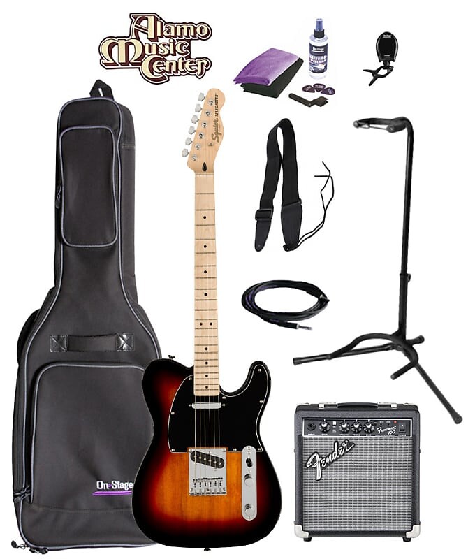 Squier Affinity Series Telecaster, Maple FB, 3-цветный комплект Sunburst с сумкой для переноски и усилителем
Squier Affinity Series Telecaster, Maple FB, 3-цветный комплект Sunburst с сумкой для переноски и усилителем