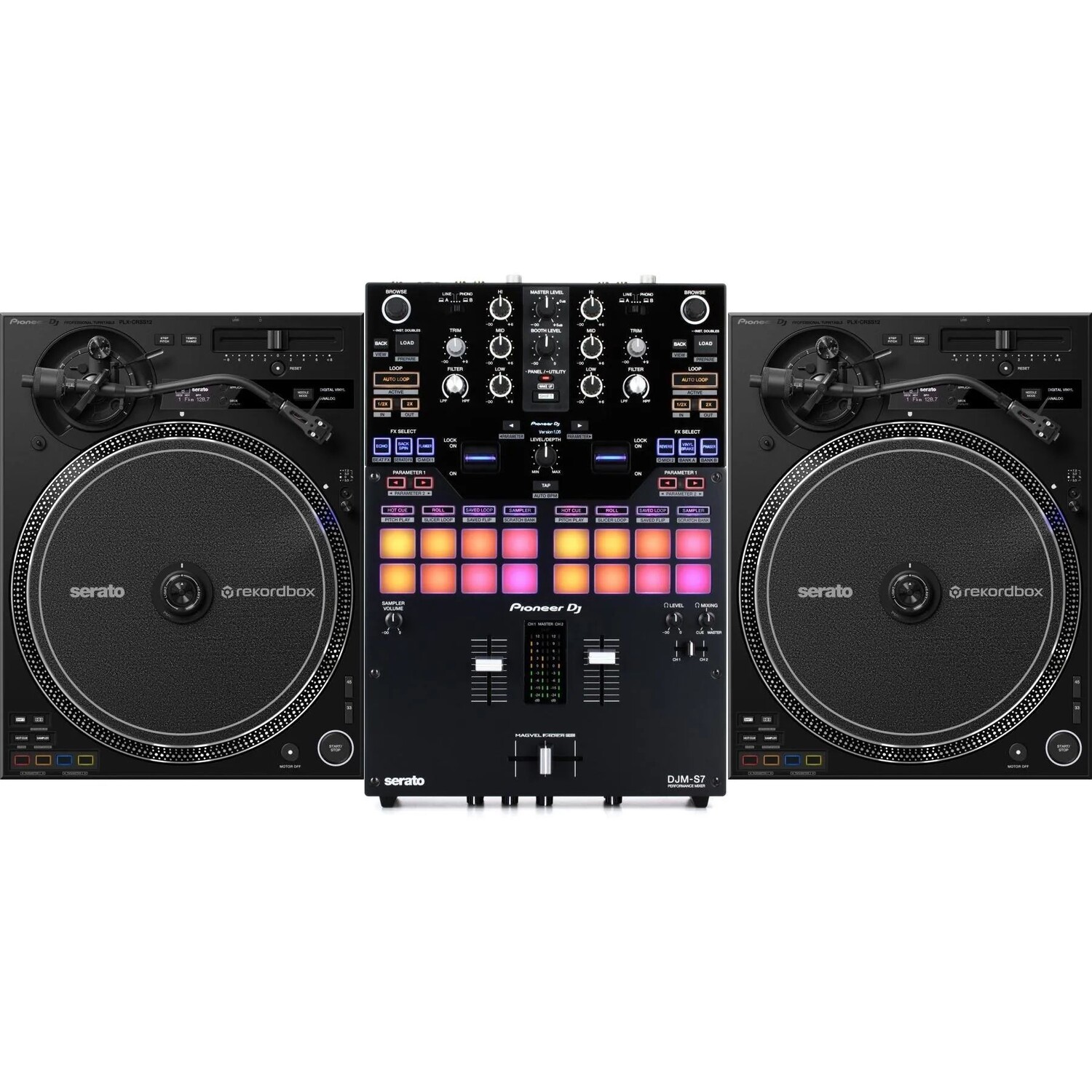 Новый гибридный проигрыватель с прямым приводом Pioneer DJ PLX-CRSS12 (пара) и 2-канальный микшер DJM-S7
Новый гибридный проигрыватель с прямым приводом Pioneer DJ PLX-CRSS12 (пара) и 2-канальный микшер DJM-S7