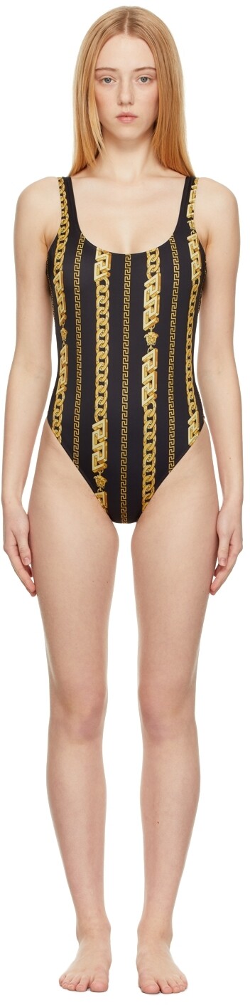 Черно-золотой цельный купальник в полоску с цепочками Versace Underwear, Коричневый
Черно-золотой цельный купальник в полоску с цепочками Versace Underwear, Коричневый