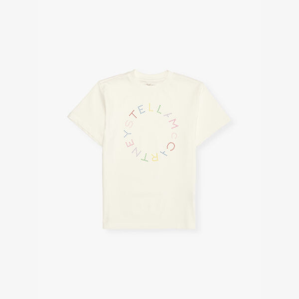 Футболка из хлопкового джерси с круговым фирменным принтом 4-14 лет Stella Mccartney, белый 
Футболка из хлопкового джерси с круговым фирменным принтом 4-14 лет Stella Mccartney, белый