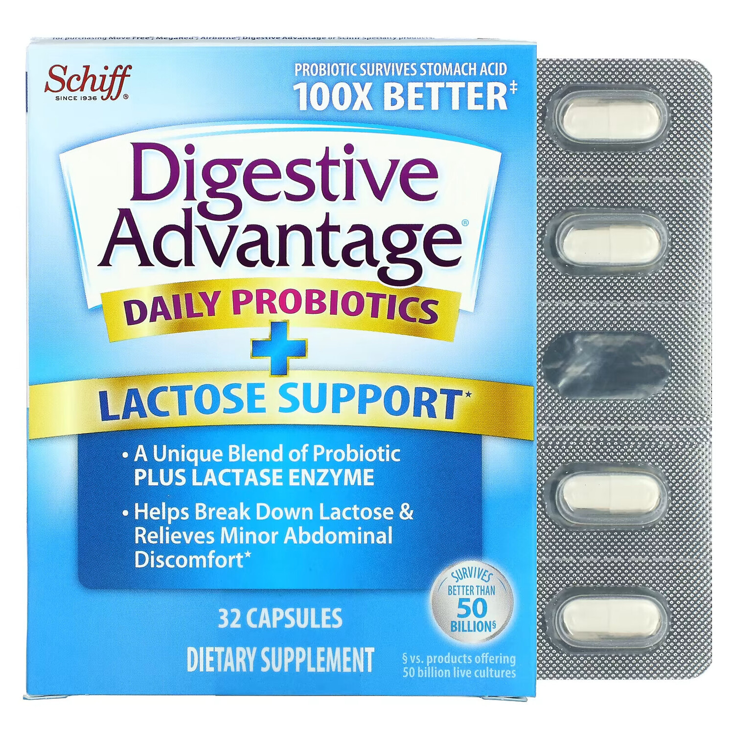 Schiff, Digestive Advantage, пробиотик с лактазой для ежедневного применения, 32 капсулы
Schiff, Digestive Advantage, пробиотик с лактазой для ежедневного применения, 32 капсулы