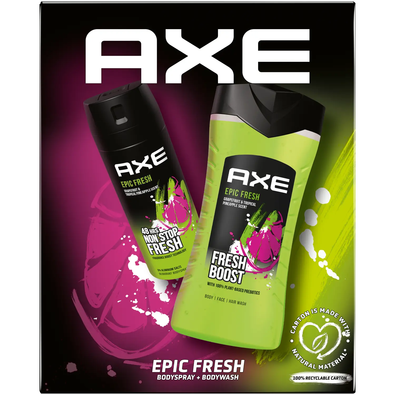 Axe Epic Fresh набор: гель для душа, 250 мл + парфюмированный дезодорант для тела, 150 мл
Axe Epic Fresh набор: гель для душа, 250 мл + парфюмированный дезодорант для тела, 150 мл
