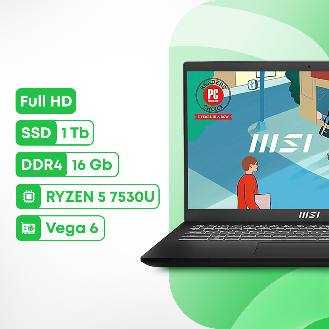 Ноутбук MSI Modern 15 B7M, 15.6", 16Гб/1Тб, Ryzen 5 7530U, черный, английская клавиатура
Ноутбук MSI Modern 15 B7M, 15.6", 16Гб/1Тб, Ryzen 5 7530U, черный, английская клавиатура