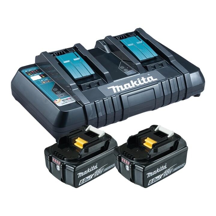 Комплект источника питания Makita Li 18V 2x 6Ah батареи + двойное зарядное устройство
Комплект источника питания Makita Li 18V 2x 6Ah батареи + двойное зарядное устройство