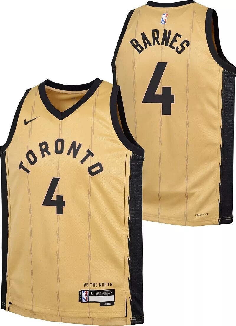 Nike Youth 2023-24 City Edition Toronto Raptors Скотти Барнс # 4 Gold Swingman Джерси
Nike Youth 2023-24 City Edition Toronto Raptors Скотти Барнс # 4 Gold Swingman Джерси