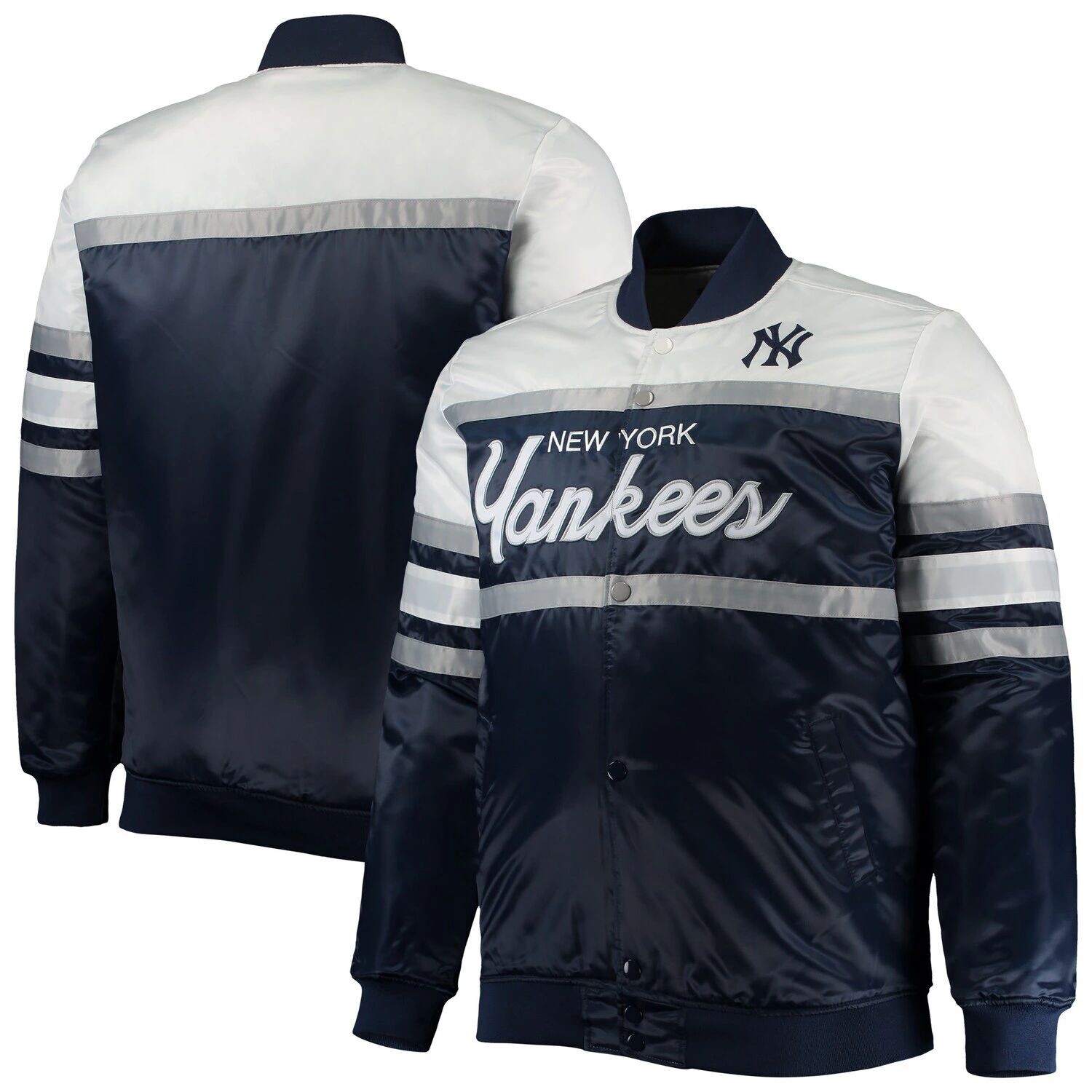 Мужская темно-синяя/серая куртка Mitchell & Ness New York Yankees Big & Tall Coaches из атласа на кнопках
Мужская темно-синяя/серая куртка Mitchell & Ness New York Yankees Big & Tall Coaches из атласа на кнопках