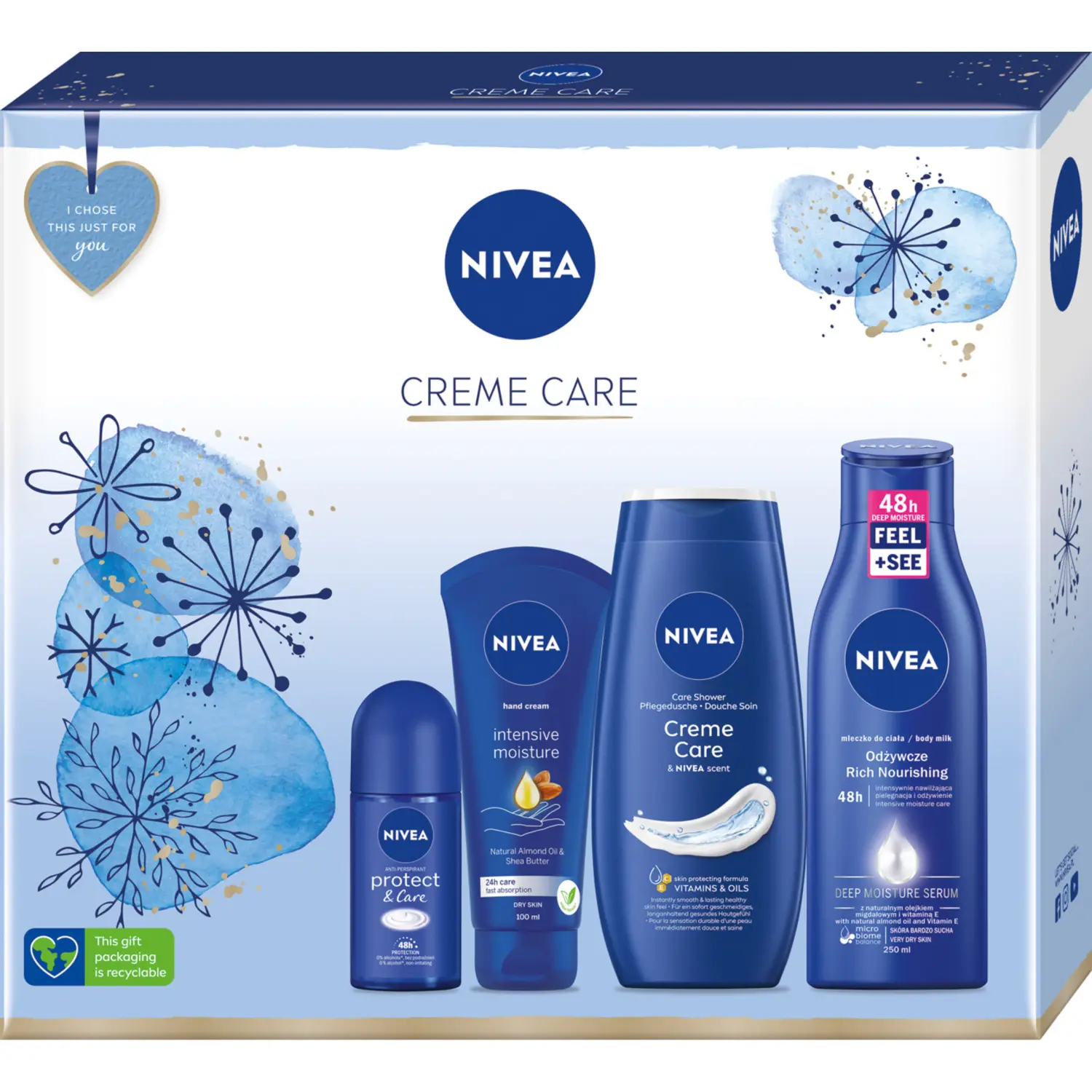 Nivea Creme Care набор: молочко для тела, 250 мл + гель для душа, 250 мл + шариковый дезодорант, 50 мл + крем для рук, 100 мл
Nivea Creme Care набор: молочко для тела, 250 мл + гель для душа, 250 мл + шариковый дезодорант, 50 мл + крем для рук, 100 мл