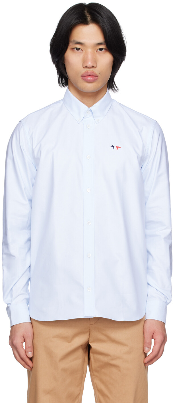 Синяя трехцветная рубашка с лисой Maison Kitsuné 
Синяя трехцветная рубашка с лисой Maison Kitsuné