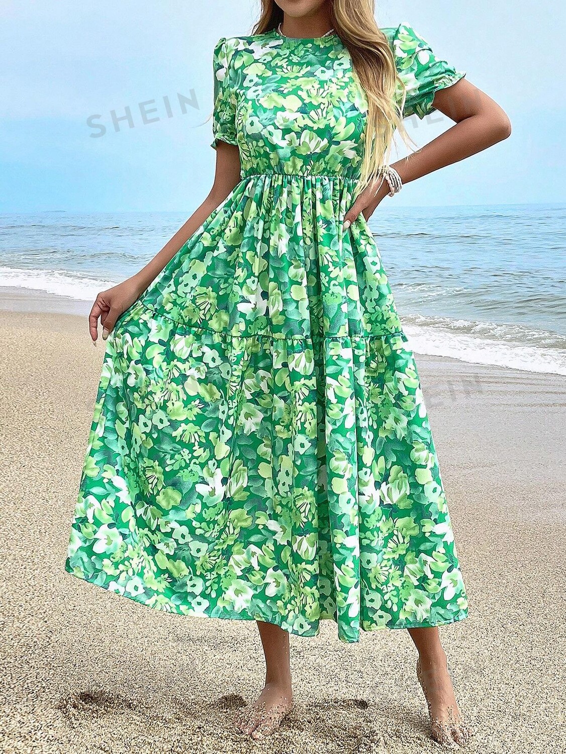 SHEIN VCAY Женское платье с круглым вырезом и короткими рукавами-пузырьками с цветочным принтом, зеленый
SHEIN VCAY Женское платье с круглым вырезом и короткими рукавами-пузырьками с цветочным принтом, зеленый
