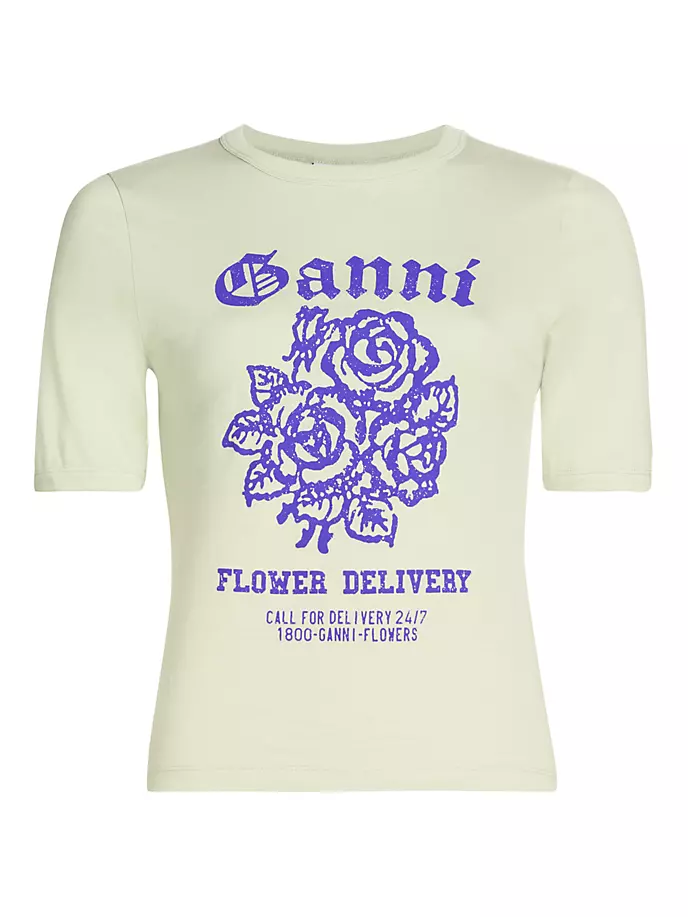 Футболка с логотипом и цветочным принтом Ganni, цвет sea foam 
Футболка с логотипом и цветочным принтом Ganni, цвет sea foam
