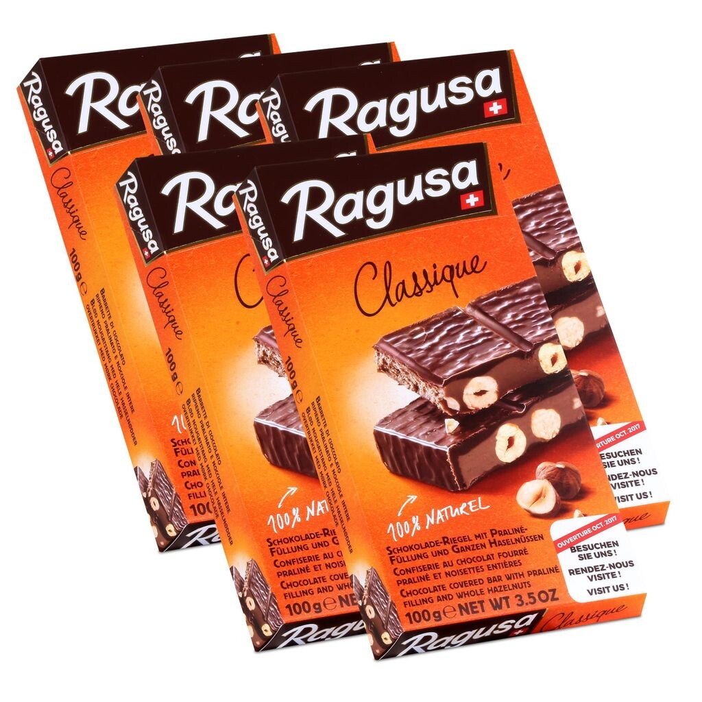 Шоколадные батончики Ragusa Classique с цельным фундуком 100 г (5 шт. в упаковке)
Шоколадные батончики Ragusa Classique с цельным фундуком 100 г (5 шт. в упаковке)