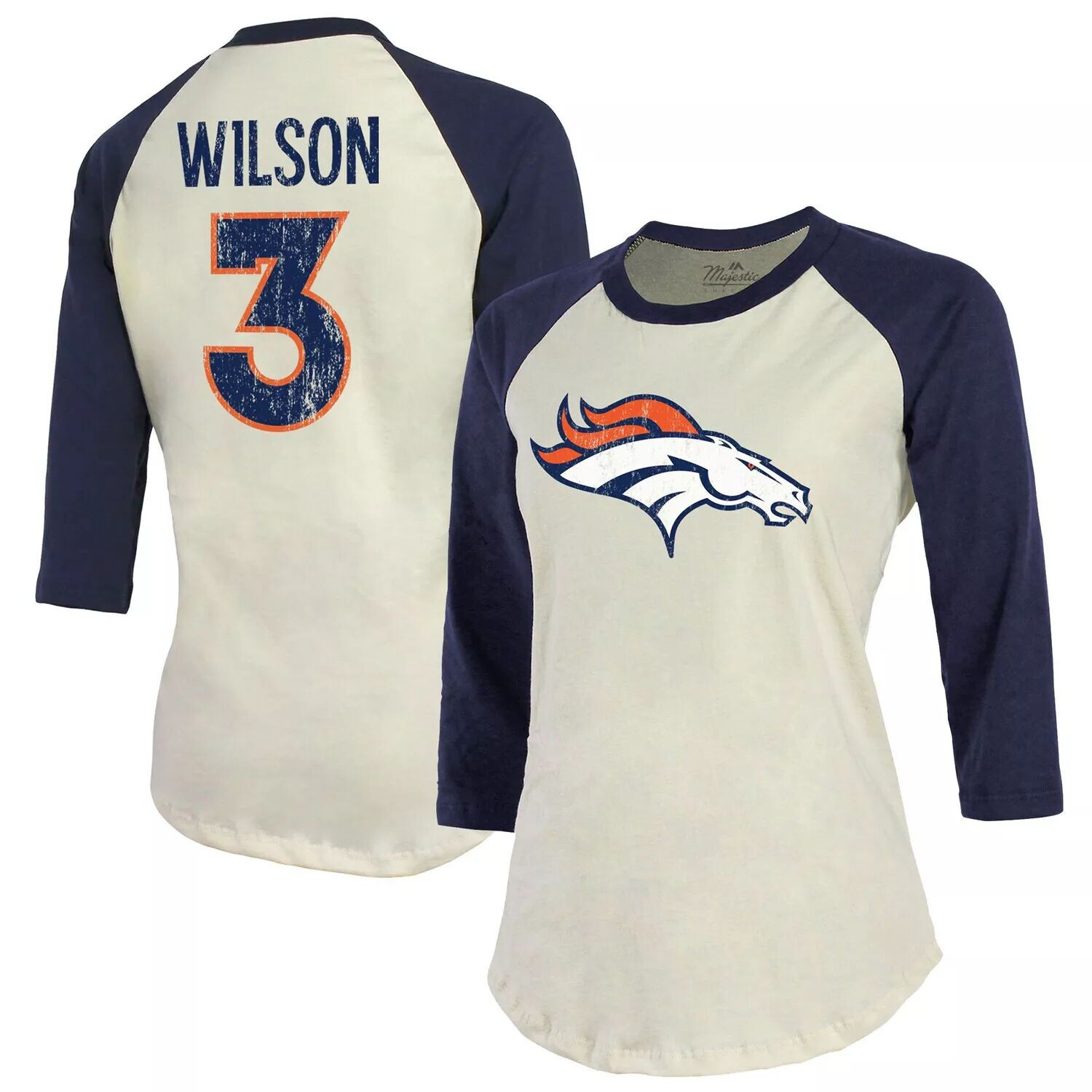 Женская футболка Majestic Threads Russell Wilson кремового/темно-синего цвета Denver Broncos с именем и номером реглан с рукавом 3/4 Majestic, Синий
Женская футболка Majestic Threads Russell Wilson кремового/темно-синего цвета Denver Broncos с именем и номером реглан с рукавом 3/4 Majestic, Синий