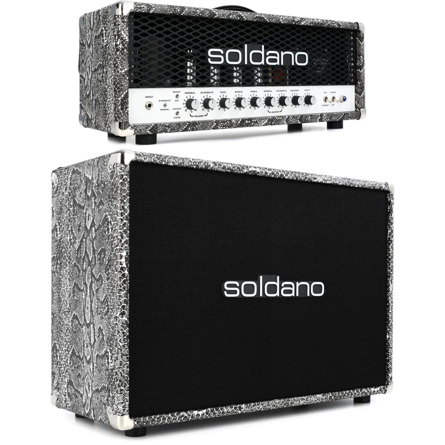 Soldano SLO-100 Super Lead Overdrive, 100-ваттная ламповая головка с корпусом 2x12 мощностью 120 Вт, змеиная кожа
Soldano SLO-100 Super Lead Overdrive, 100-ваттная ламповая головка с корпусом 2x12 мощностью 120 Вт, змеиная кожа