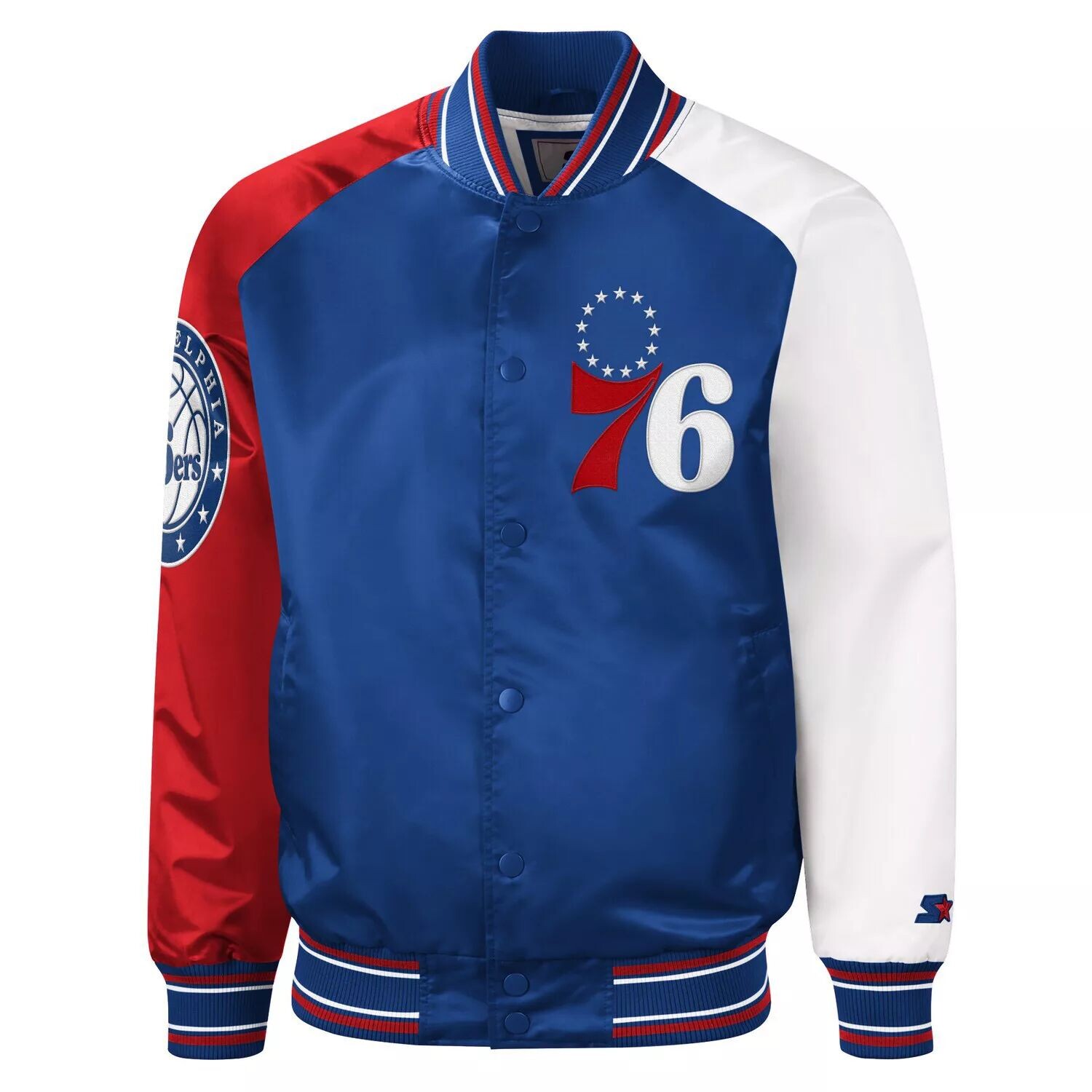 Мужская королевская/красная куртка Philadelphia 76ers Reliever Varsity из атласа реглан с застежкой на пуговицы Starter
Мужская королевская/красная куртка Philadelphia 76ers Reliever Varsity из атласа реглан с застежкой на пуговицы Starter