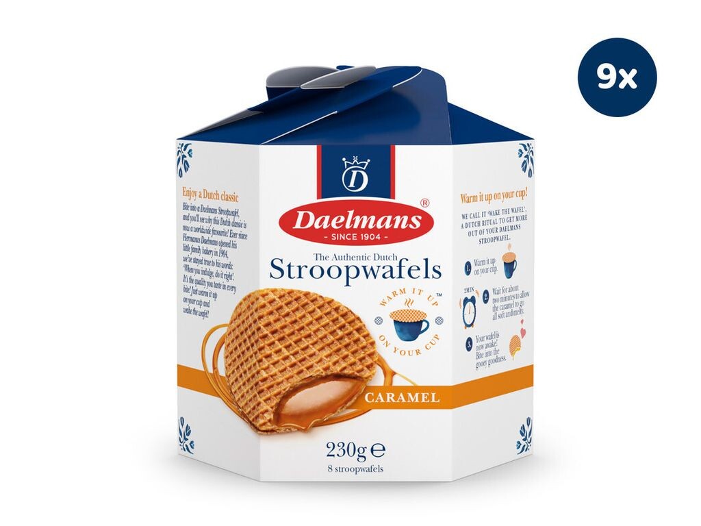 Daelmans Caramel — недорогой пакет: 9 шестигранных коробок (230 г в шестигранной коробке) — настоящие голландские карамельные вафли — Stroopwaffles
Daelmans Caramel — недорогой пакет: 9 шестигранных коробок (230 г в шестигранной коробке) — настоящие голландские карамельные вафли — Stroopwaffles