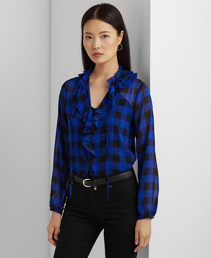 Женская блузка из жоржета с рюшами в клетку буйволового цвета Lauren Ralph Lauren, синий
Женская блузка из жоржета с рюшами в клетку буйволового цвета Lauren Ralph Lauren, синий