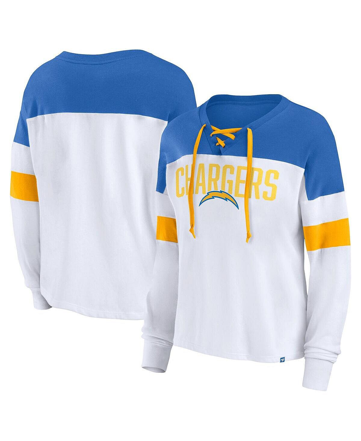 Женская фирменная футболка Los Angeles Chargers белого и пудрово-синего цвета с длинными рукавами и v-образным вырезом на шнуровке Fanatics
Женская фирменная футболка Los Angeles Chargers белого и пудрово-синего цвета с длинными рукавами и v-образным вырезом на шнуровке Fanatics