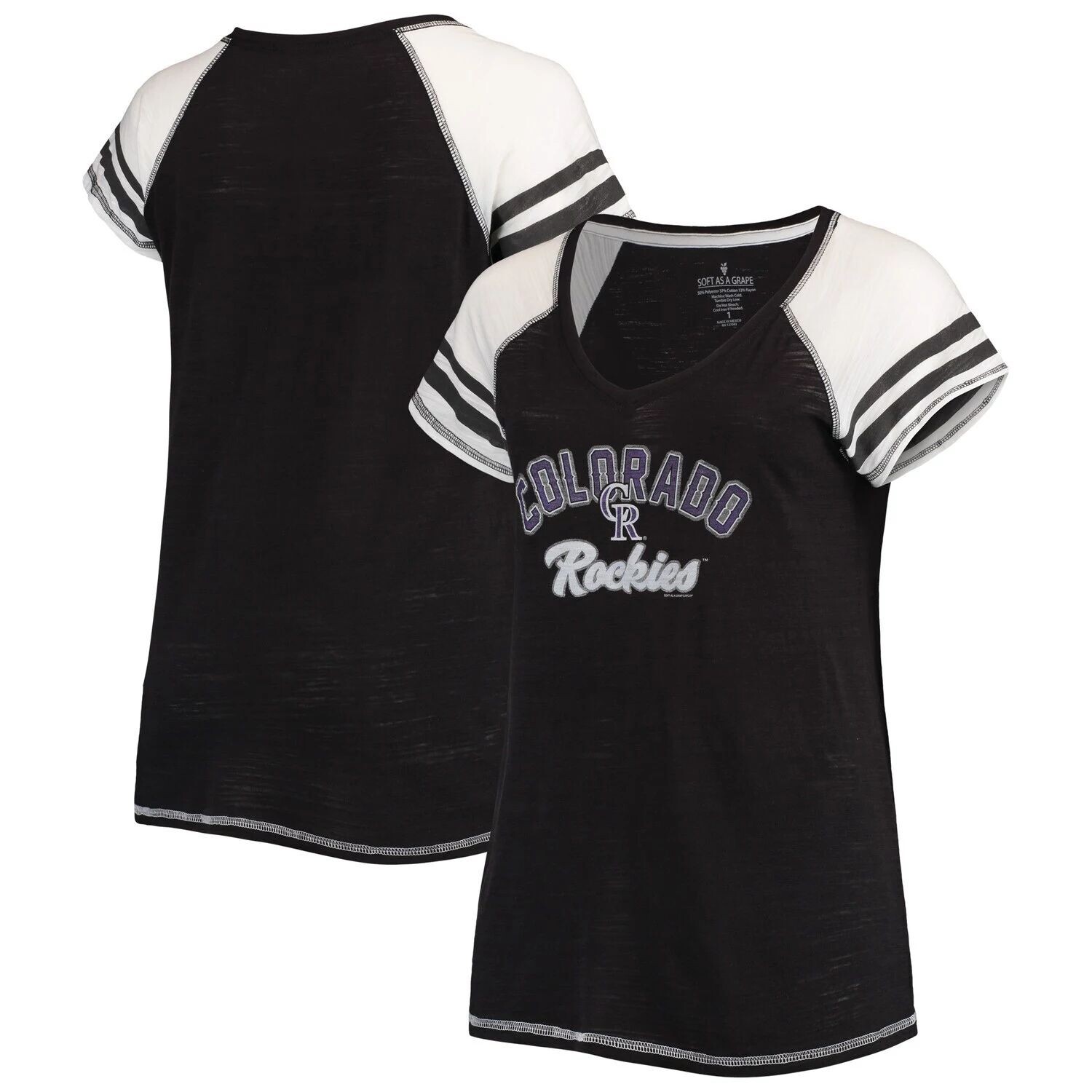 Женская футболка Soft as a Grape Black Colorado Rockies Curvy Colorblock Tri-Blend реглан с v-образным вырезом
Женская футболка Soft as a Grape Black Colorado Rockies Curvy Colorblock Tri-Blend реглан с v-образным вырезом