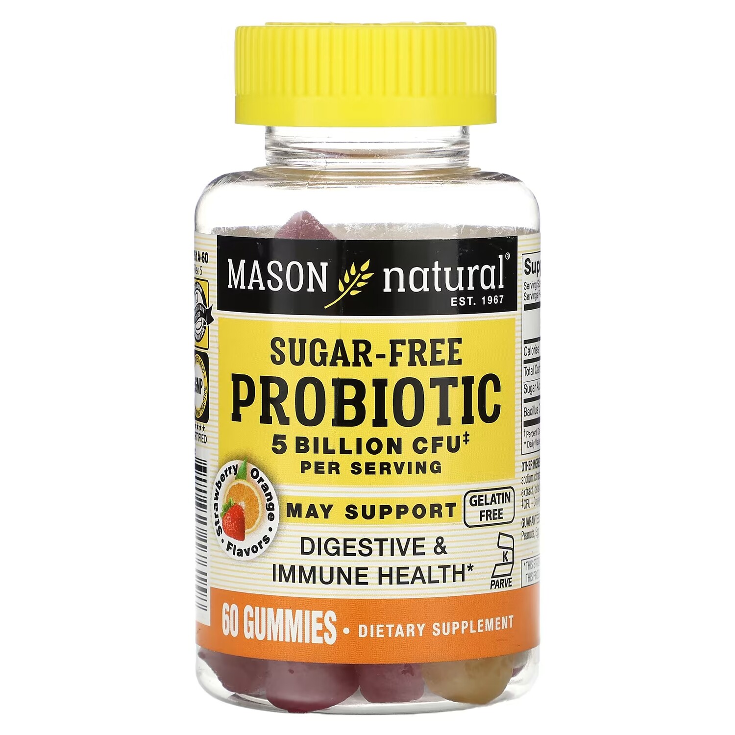 Mason Natural, Пробиотик, без сахара, клубнично-апельсиновый, 5 миллиардов КОЕ, 60 жевательных конфет
Mason Natural, Пробиотик, без сахара, клубнично-апельсиновый, 5 миллиардов КОЕ, 60 жевательных конфет