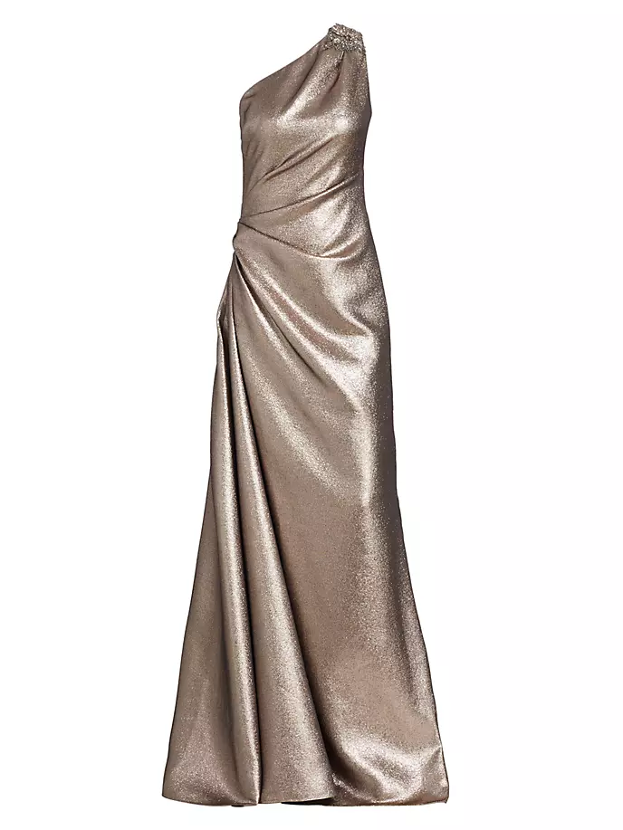 Вечернее платье цвета металлик на одно плечо из ламе Reem Acra, цвет champagne
Вечернее платье цвета металлик на одно плечо из ламе Reem Acra, цвет champagne