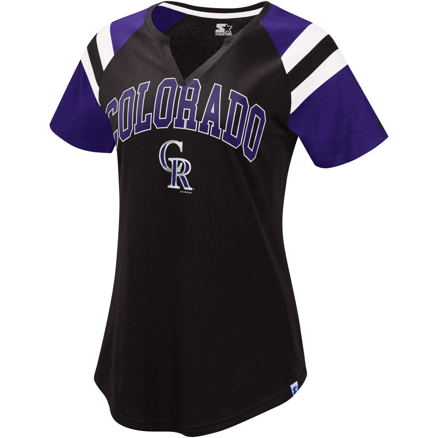 Женская базовая футболка реглан черного/фиолетового цвета Colorado Rockies Game с вырезом в горловине Starter, Черный
Женская базовая футболка реглан черного/фиолетового цвета Colorado Rockies Game с вырезом в горловине Starter, Черный