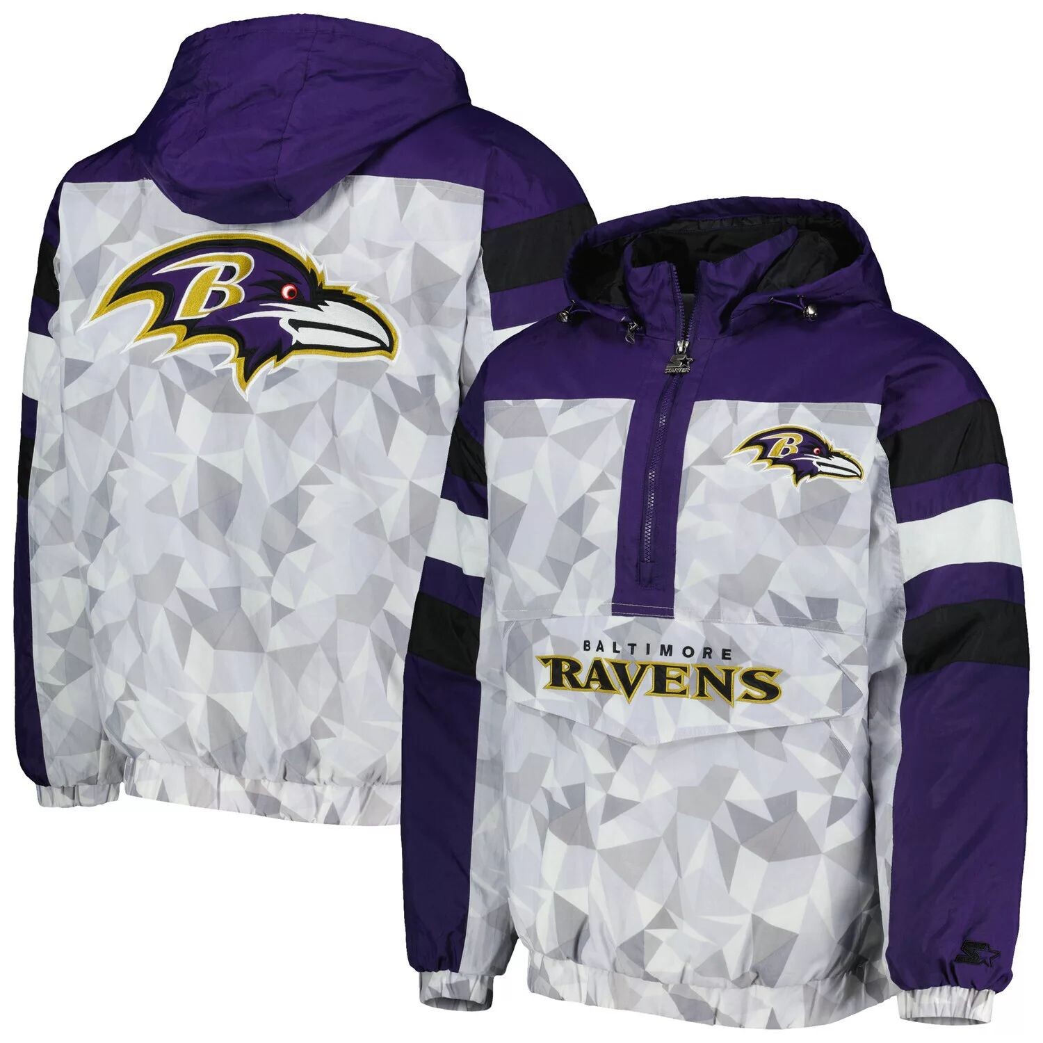 Мужская белая/фиолетовая куртка Baltimore Ravens Tuesday Night Gridiron с капюшоном и полумолнией покроя реглан Starter
Мужская белая/фиолетовая куртка Baltimore Ravens Tuesday Night Gridiron с капюшоном и полумолнией покроя реглан Starter