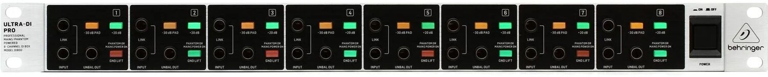 Behringer Ultra-DI Pro DI800v2 8-канальный активный инструментальный директ-бокс
Behringer Ultra-DI Pro DI800v2 8-канальный активный инструментальный директ-бокс