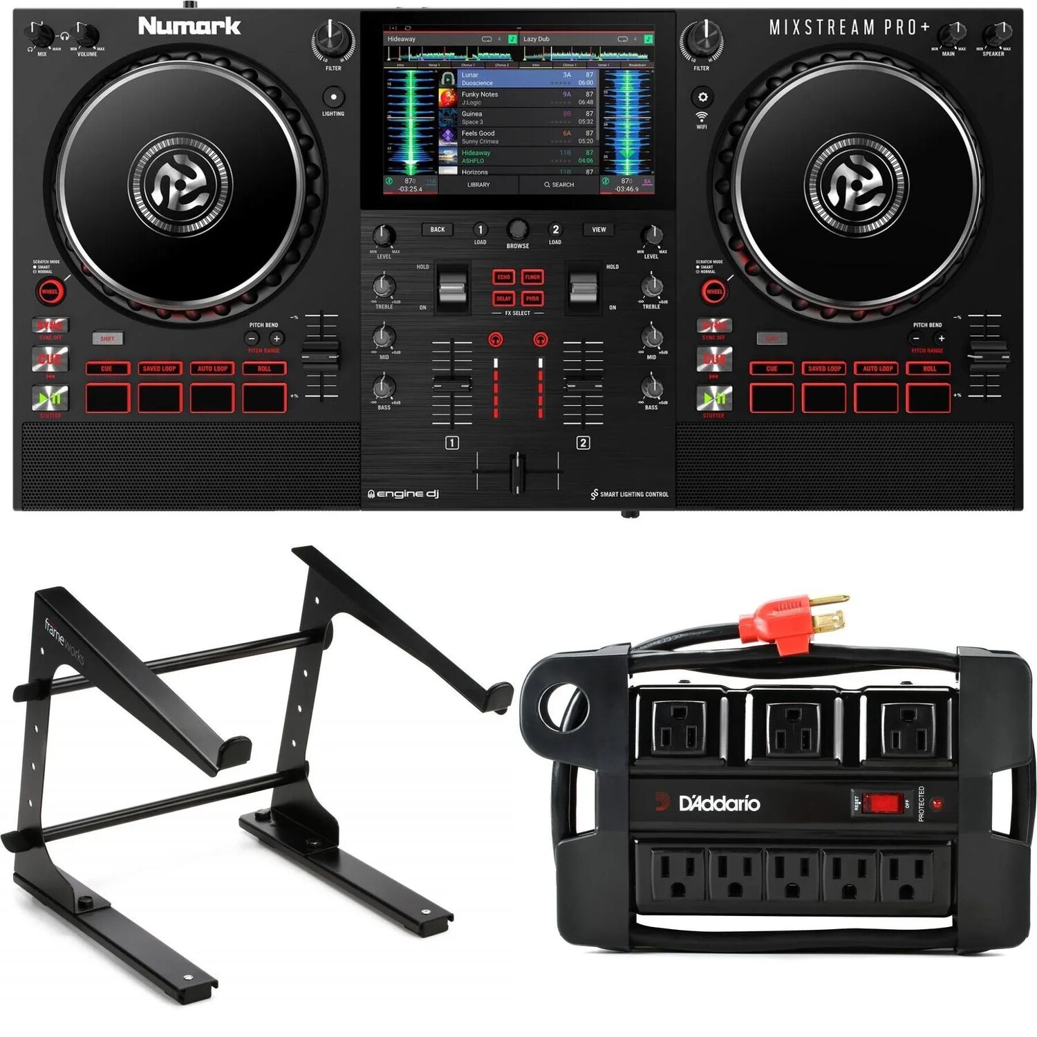 Numark Mixstream Pro + 2-дековый автономный DJ-контроллер с подставкой для ноутбука и блоком питания
Numark Mixstream Pro + 2-дековый автономный DJ-контроллер с подставкой для ноутбука и блоком питания