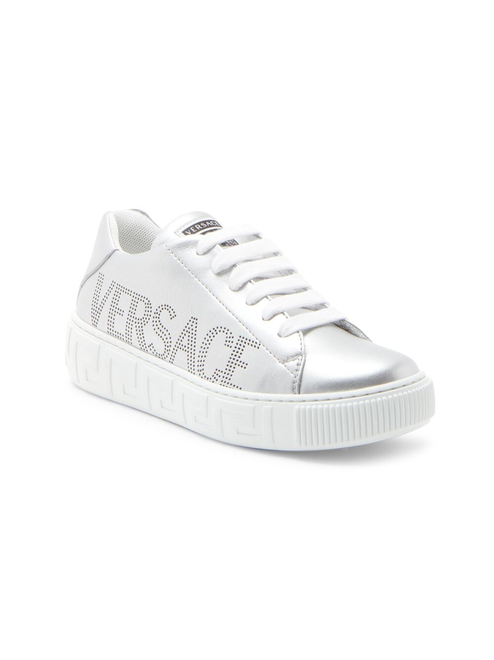 Кроссовки из металлизированной кожи La Greca для малышей и малышей Versace, серебряный
Кроссовки из металлизированной кожи La Greca для малышей и малышей Versace, серебряный