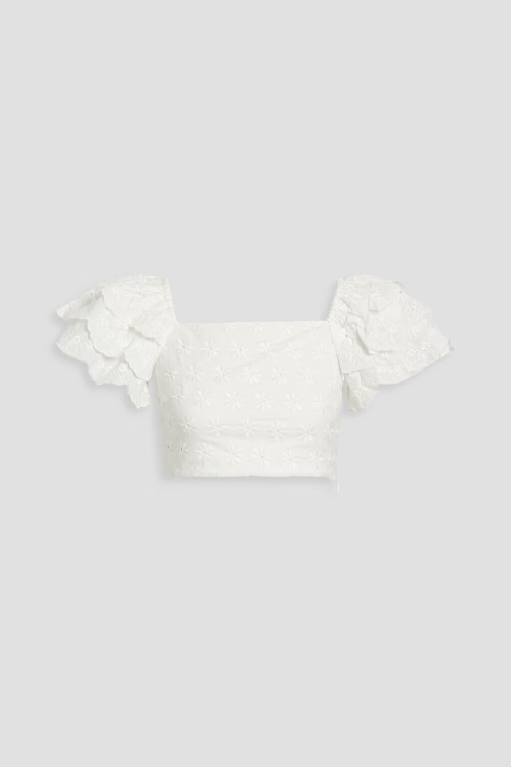 Укороченный хлопковый топ с рюшами из английской вышивки Caroline Constas, белый
Укороченный хлопковый топ с рюшами из английской вышивки Caroline Constas, белый