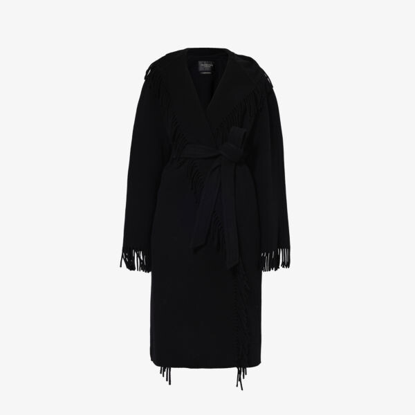 Шерстяное пальто свободного кроя с петлями для ремня с бахромой Balenciaga, черный
Шерстяное пальто свободного кроя с петлями для ремня с бахромой Balenciaga, черный