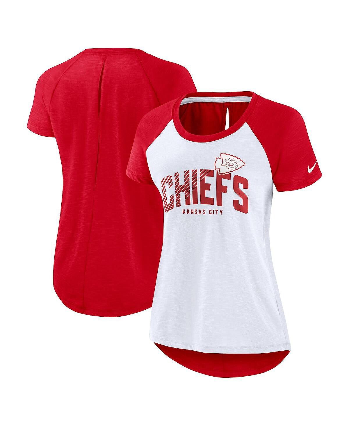 Женская белая футболка цвета реглан с вырезом на спине Kansas City Chiefs цвета верескового цвета Nike
Женская белая футболка цвета реглан с вырезом на спине Kansas City Chiefs цвета верескового цвета Nike