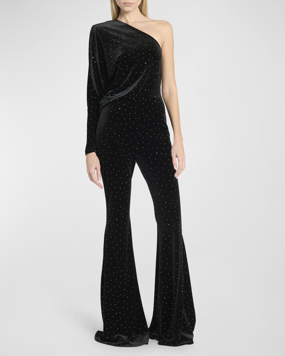 Бархатный комбинезон Crystal Strass с расклешенными штанинами на одно плечо Alexandre Vauthier
Бархатный комбинезон Crystal Strass с расклешенными штанинами на одно плечо Alexandre Vauthier