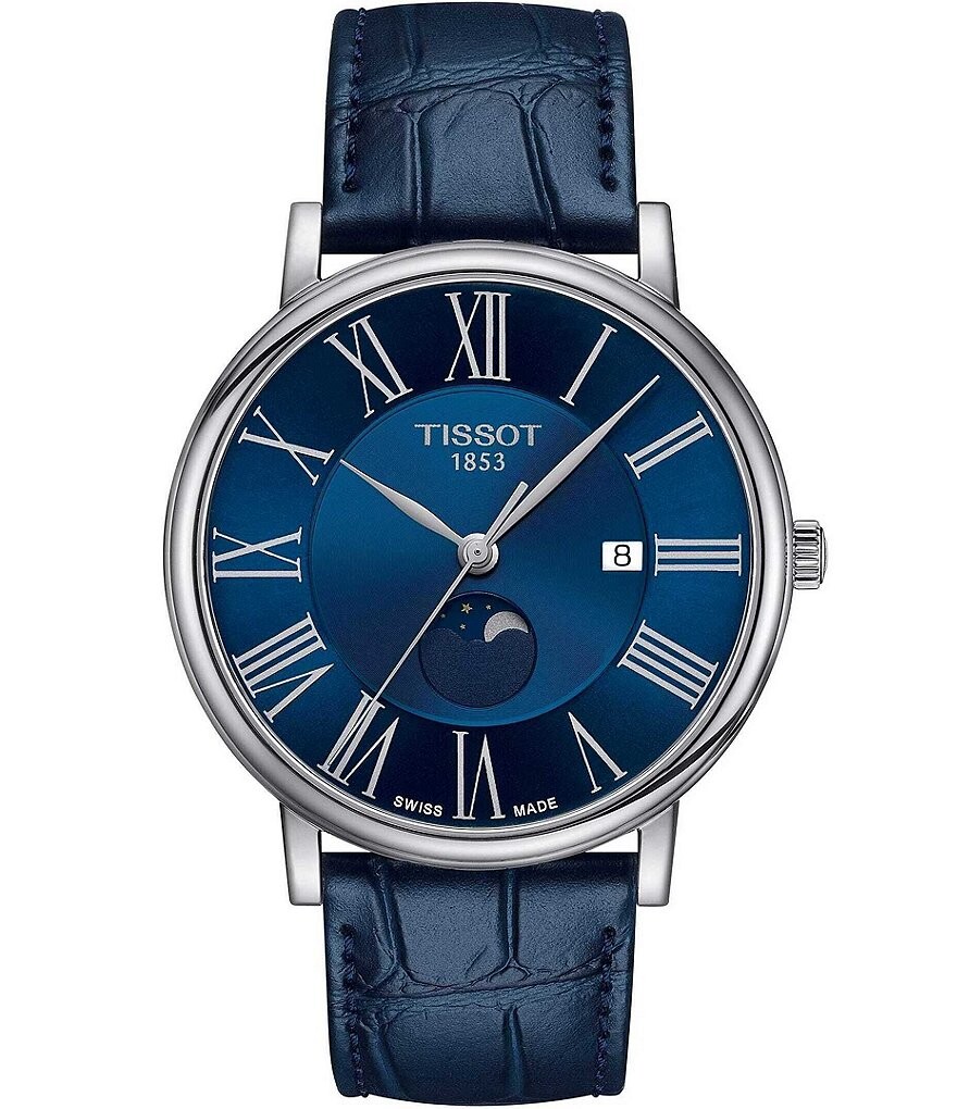 Мужские часы Tissot Carson Moonphase кварцевые с синим кожаным ремешком под крокодила, синий
Мужские часы Tissot Carson Moonphase кварцевые с синим кожаным ремешком под крокодила, синий