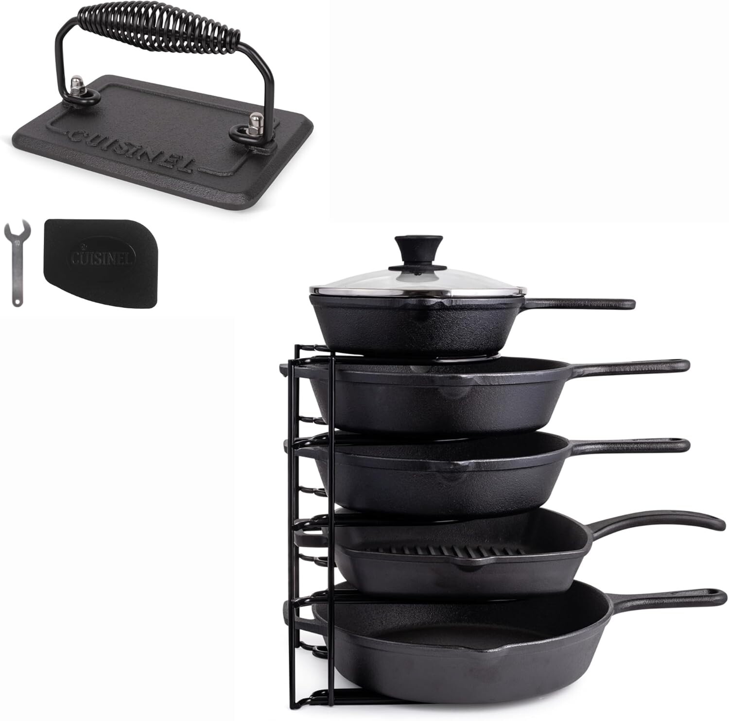 Чугунный пресс для гриля Cuisinel + органайзер для сковороды + скребок для сковороды — чугунные аксессуары и организация кухонного хранения
Чугунный пресс для гриля Cuisinel + органайзер для сковороды + скребок для сковороды — чугунные аксессуары и организация кухонного хранения
