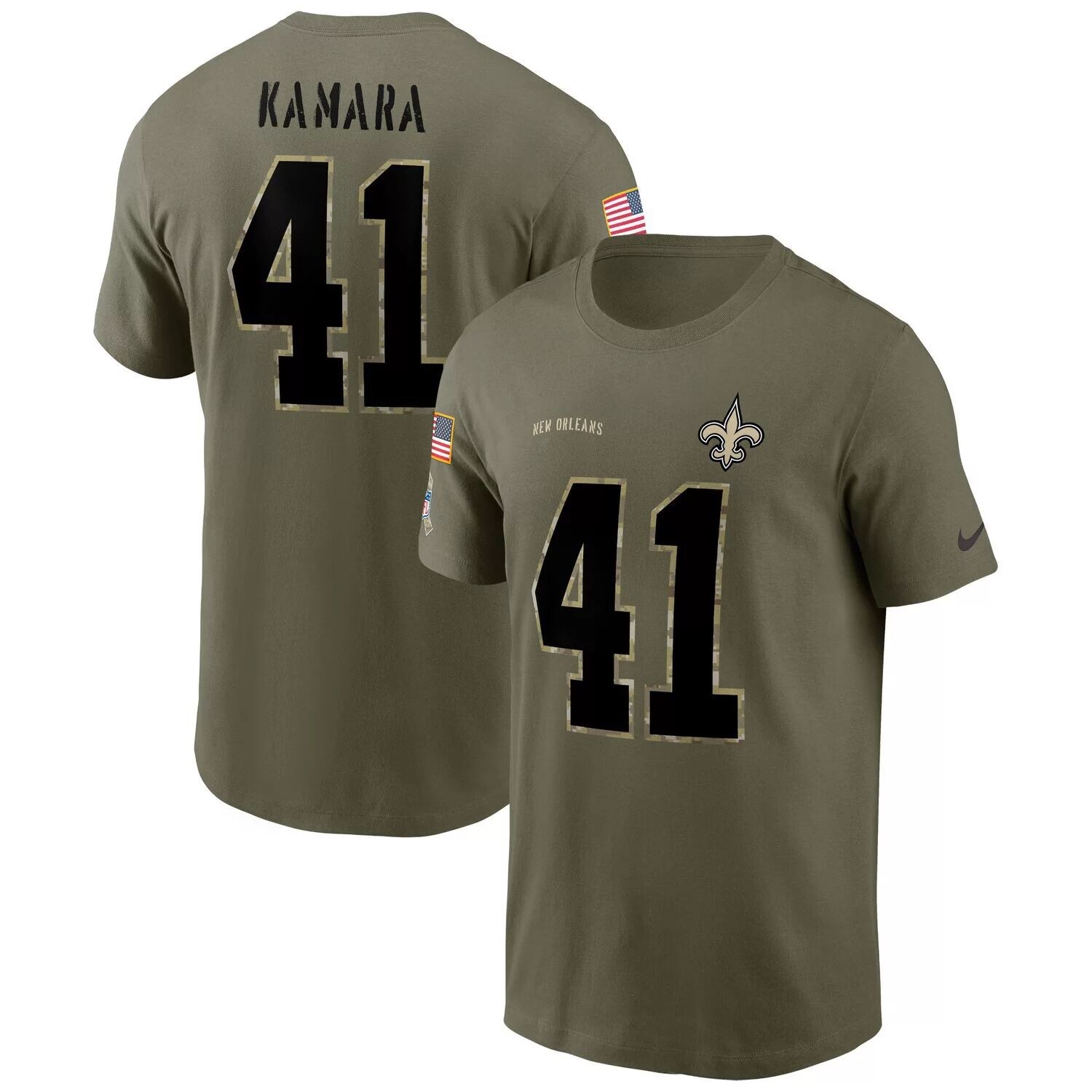 Мужская оливковая футболка Alvin Kamara New Orleans Saints 2022 с именем и номером службы Nike, Зеленый
Мужская оливковая футболка Alvin Kamara New Orleans Saints 2022 с именем и номером службы Nike, Зеленый